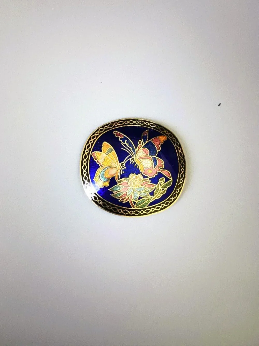 Cloisonne Floral Butterfly Belt Buckle Gold Tone Enamel Oval
